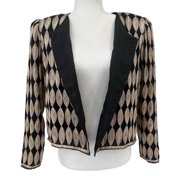 VTG Stenay Black/Gold/Cream Silk Jacket WMNS L Wheat Diamond Embroidered Lined - Picture 2 of 10